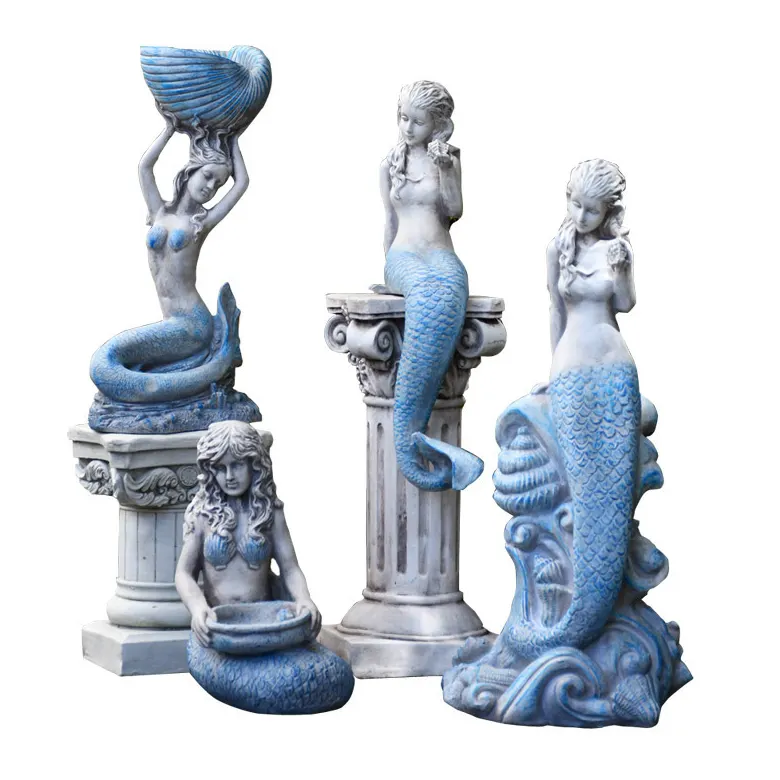 Statua e vaso di fiori su ordinazione della sirena di fibra di vetro, decorazione antica della statua del giardino della sirena di pietra per la decorazione all'aperto