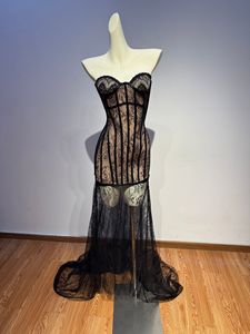 Gala Dramatic Glamour <strong>Black</strong> Lace Strapless <strong>Corset</strong> Evening Gown Mesh Sheer Fashion Sexy Maxi Mermaid <strong>Dress</strong> - Product Image 2