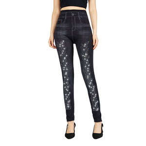 Offre Spéciale d'usine Jeans Imprimer Femmes Taille Haute Yoga Pantalon Running Sport Workout Leggings Avec Strass - Product Image 2