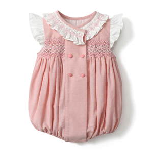 <b>Baby</b> Girl Cotton Knitted Romper Ruffle Design Sleeves Sweet Summer <b>Jumpsuit</b> Boutique Smocked Embroider Kids Girls 6M-12M - Product Image 1