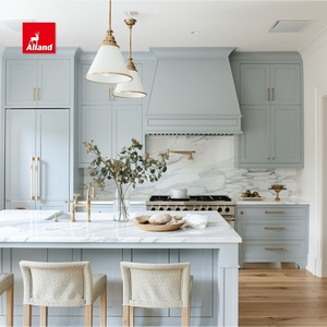 Alland Modern Shaker Design Door Blue Painted Solid Wood Cupboard <strong>Rustic</strong> Kitchen <strong>Cabinets</strong> With Island Quartz Countertop - Product Image 2