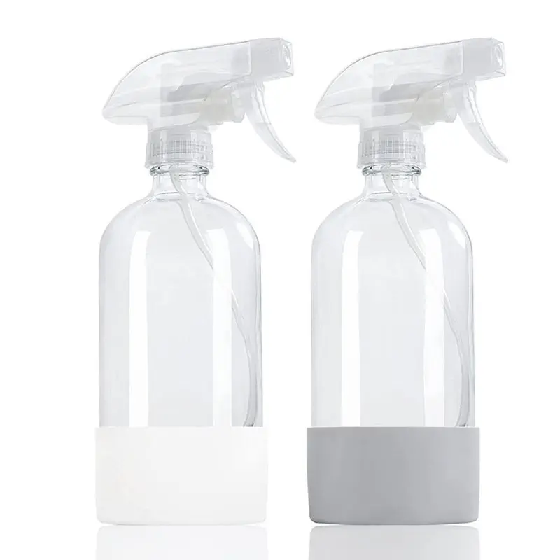 Boston 16 Oz Clear Glass Spray Bottles with Silicone Sleeve and Adjustable Nozzle,Refillable Container for Cleaning