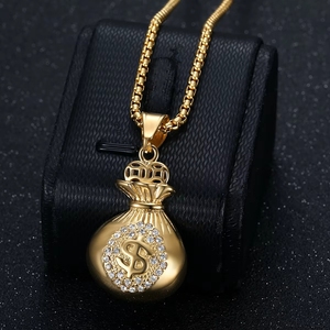 Colares de Joias de Moda Hip Hop Unissex com Pingente Bolsa de Dinheiro USD Cravejado com Zircônias, em Aço Inoxidável à Prova d'Água e Não Manchável, Atacado - Product Image 2