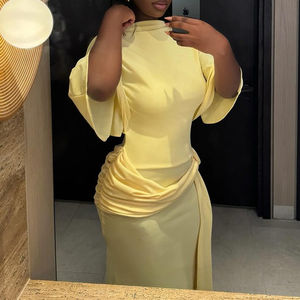 <span class=keywords><strong>2026</strong></span> Elegante Split Slim Fit Geplooide Halve Mouw Lange Jurken High Street Zomerjurken Dames Effen Gele Maxi Jurk Zonder Rug - Product Image 4