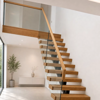 Escalier flottant intérieur, marches en bois, garde-corps en panneaux de verre, escalier moderne pour maison, marches cantilever, design d'escalier LED, intérieur