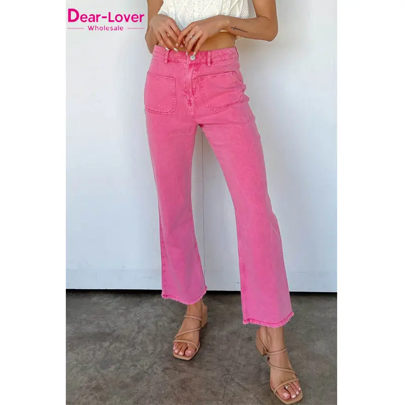 Dear-Lover Factory Direct Custom Pink Style Ladies Straight Denim Flare Pants Boyfriend High Waist Sexy Jeans Womens