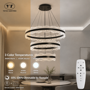Lustre moderne à trois anneaux, LED tricolore à intensité variable avec télécommande, en fer, hauteur réglable, pour salle à manger, villa et maison - Product Image 3
