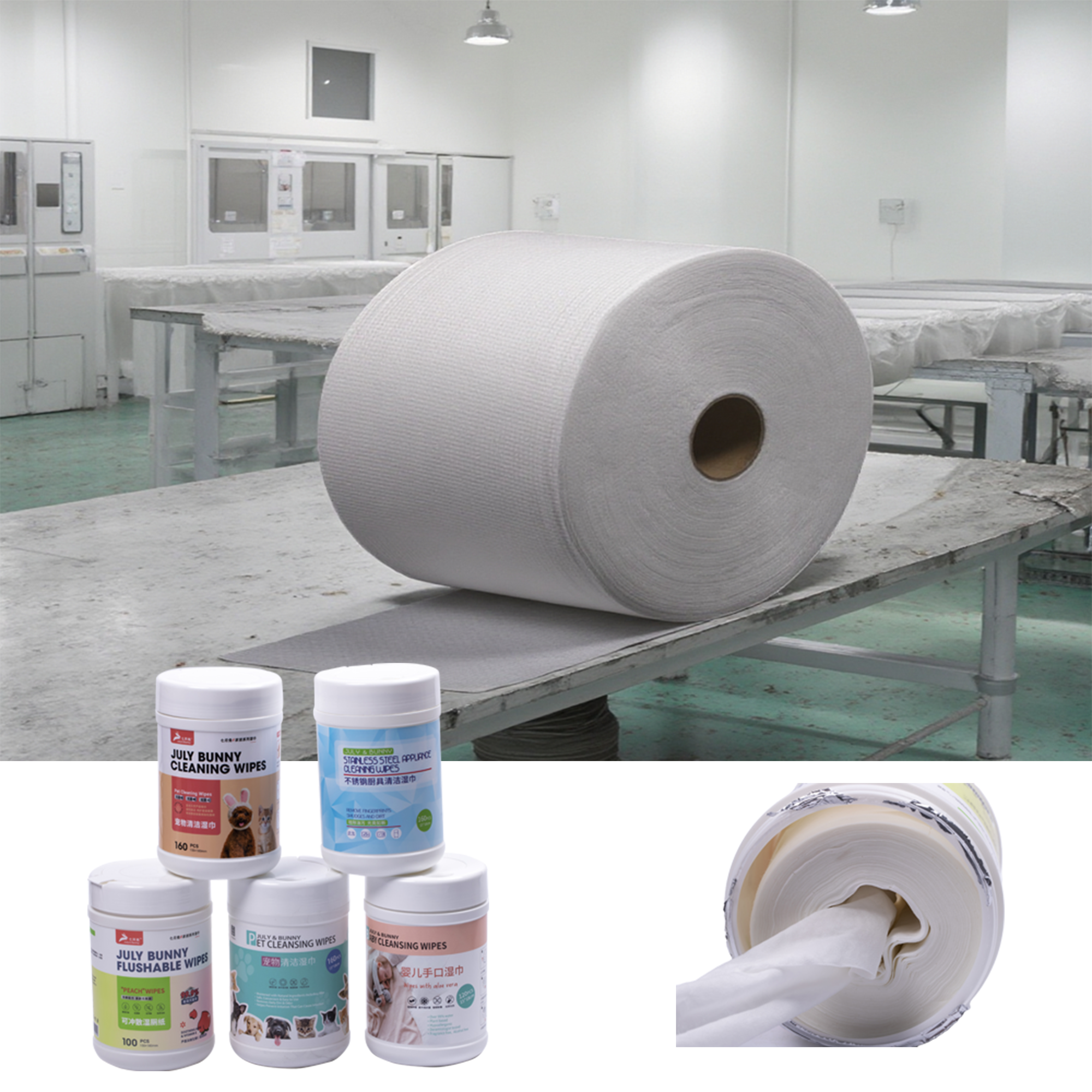 Custom Raw Material 40-90gsm Fiber Spunlace Nonwoven Fabric Roll for Cleansing Wipes or Wet Tissue Paper