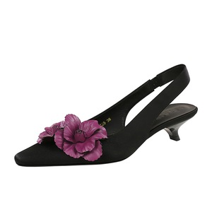 5129-H57 français haut <span class=keywords><strong>sens</strong></span> chaussures simples pour femmes pointu fleur conception mi-talon Satin arrière vide voyage ceinture PU pas fatigué été - Product Image 1