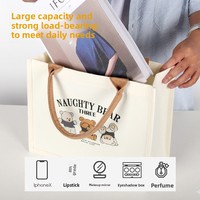 Sac fourre-tout en toile personnalisé sans fermeture, motif petit ours, pour étudiantes, pochette 3D, impression de logo sur ruban en option, sac à main compact