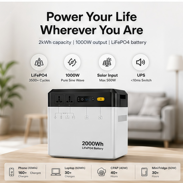 Factory Price 2000Wh LiFePO4 Portable Power Station 1000W MPPT Solar Backup Power Supply Pure Sine Wave UPS Camping Home