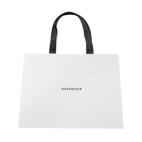 Sac en papier blanc de luxe, logo noir minimaliste, texture premium, emballage pour le commerce de détail, vêtements, accessoires, cadeaux