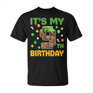 T-shirt avec numéro de joueur pixelisé « C'est mon 9e anniversaire » pour enfants, à porter lors de fêtes d'anniversaire - Product Image 2