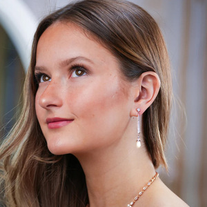 Silver Dangle <strong>Earrings</strong> with Freshwater Pearls and Cubic Zirconia for Wedding <strong>1920S</strong> - Product Image 3