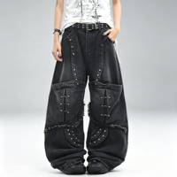 SOONREE Jean cargo clouté personnalisé pour homme, noir, coupe ample, en denim, multi-panneaux, à rabats effilochés, style punk streetwear