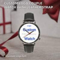 Montre personnalisée avec logo photo pour couple, homme/femme/unisexe, montre à quartz simple de luxe, boîtier en alliage, bracelet en cuir pour B2B
