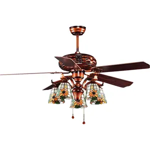 Decorative Gorgeous Tiffany Design Fan Flower Glass Lamp Hand Pull Chain Ceiling Fan With Light
