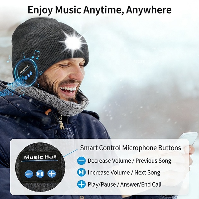 Bluetooth Headphone Beanie with LED Light Soft Acrylic Hat for Skiing Skating Daily Commute Tech Gifts