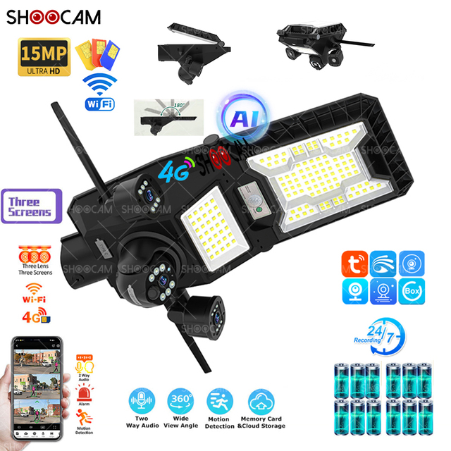 15MP Solar Cctv Camera 4g Sim Card 3PTZ Street Light Solar Cctv Camera Two-Way Audio Night Vision Home Security Cctv Camera