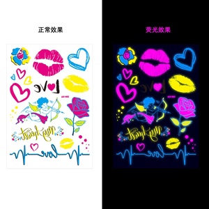 Tatuaggi temporanei al Neon nuovo amore stile misto Glitter cupido labbra rosse cuore fiore bagliore nel buio UV Neon tatuaggi adesivi - Product Image 1
