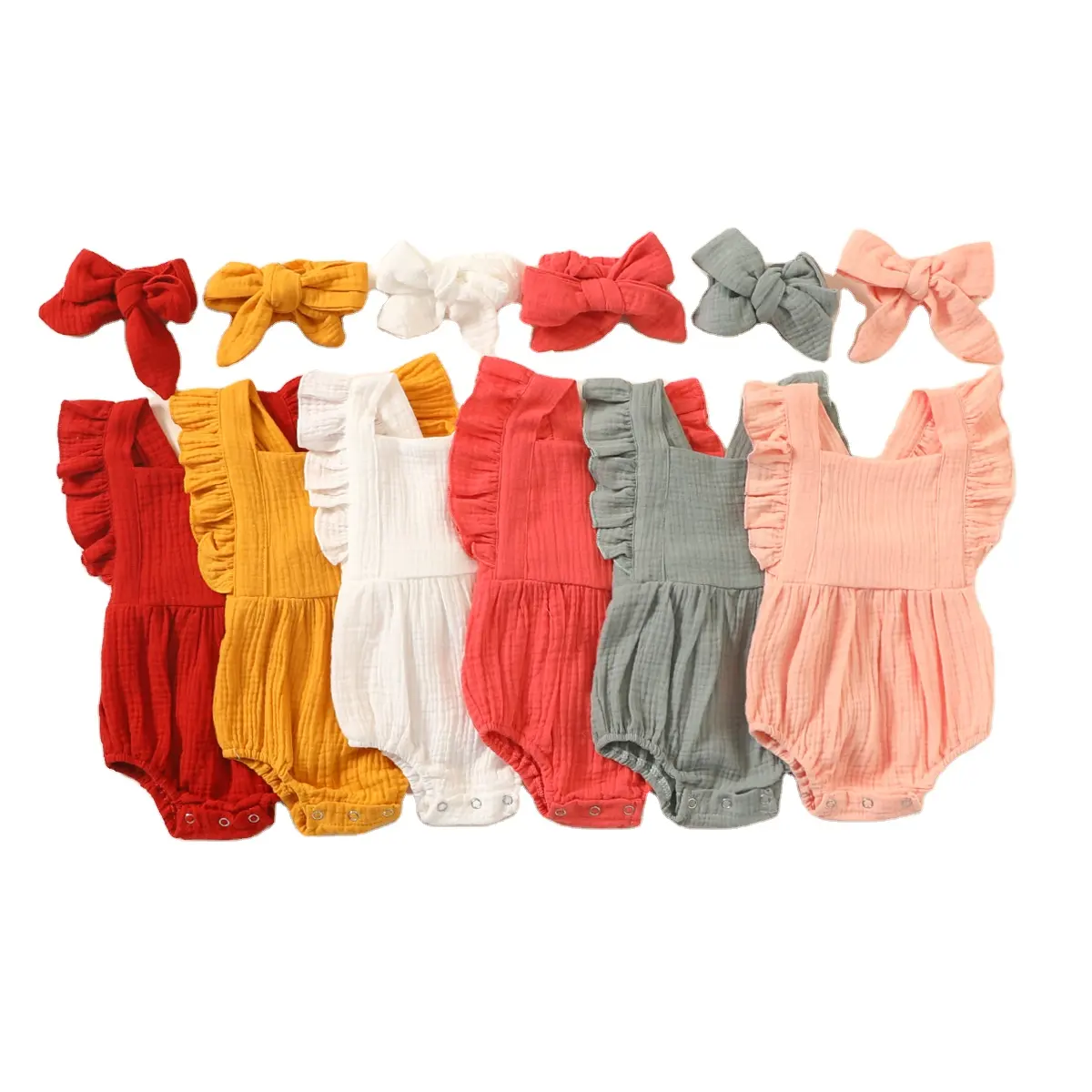 Ivy40828A Baju Monyet Bayi Perempuan, Baju Monyet Onesie Kosong Butik Polos Lucu Gelembung Linen Polos untuk Bayi Perempuan Baru Lahir