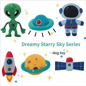 Jouets à mâcher pour chiens écologiques en peluche, en forme de fusée d'astronaute, pour la santé dentaire, avec sonnette, pour chiots, motif dessin animé, collection étoiles étoilées - Product Image 4
