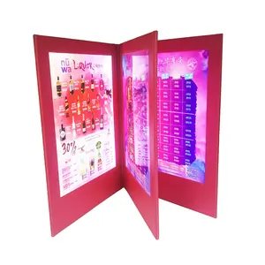 Customized pink leather cover  4 views 3 panels LED menu for A4 inserts, rechargeable LED menu for  hotel restaurant