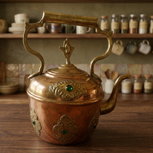 Vintage Brass Tea Kettle With <b>Lid</b> Metal Handle Ornate Design Turquoise Inlays Water <b>Pot</b> Kettles - Product Image 4