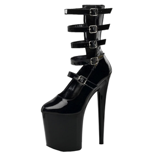 <b>Sexy</b> 20cm <b>Stiletto</b> Heel Boots Solid Black PU Leather Buckle for Fashionable Women's Winter Pole Dance Practice Featuring ABS - Product Image 1