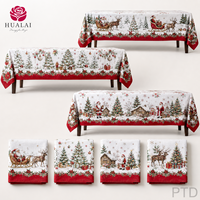 Taplak Meja Natal HuaLai 8ft X 10ft 410g Berbahan Linen dengan Cetakan Santa, Rusa, dan Kereta Salju untuk Pesta Liburan dan Acara di Rumah
