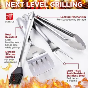 Premium BBQ Accessories With Spatula Fork Brush And BBQ Tongs Stainless Steel BBQ Grill Tool Set