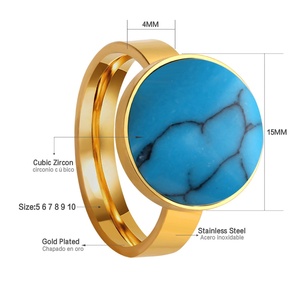 Vente en gros de bijoux de mode : Bagues rondes circulaires en acier inoxydable plaqué or 18 carats, étanches, avec turquoise bleue, pour femmes et hommes - Product Image 2