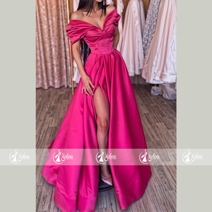 Deslumbrantes Vestidos de Festa em Cetim com Decote V e Ombros à Mostra, Comprimento até o Chão, com Fenda - Product Image 4