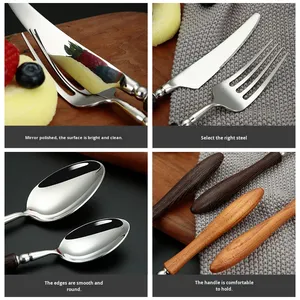 Retro 304 Stainless Steel Wood Handle Polished Minimalist Modern <b>Knife</b> <b>Fork</b> <b>Spoon</b> Western Tableware Ins <b>Set</b> - Product Image 2