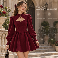 Mini-robe personnalisée pour femme en velours côtelé avec col à volants, encolure à découpe, manches longues bouffantes et jupe froncée évasée
