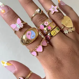 2021 Hot-Sale 18K Gold Plated Ring Colorful Drop Oil Heart Daisy Flower Butterfly Ring Jewelry Women