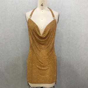 Vestido sexy dourado de malha com strass, vestido de malha com cristal, vestido de clube