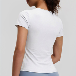 T-shirt de yoga ajusté pour femme, 82,5 % polyester, 17,5 % élasthanne, col en V, logo personnalisé, manches courtes, t-shirts de sport - Product Image 2
