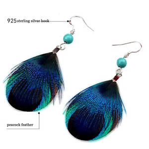 Qualità moda turchese 925 sterling silver gancio pavone frangia reale blu piuma ciondola gioielli orecchino di goccia - Product Image 2