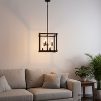 Lustre moderne à 4 lumières LED avec base d'ampoule E12, finition noire, cadre carré, lampe suspendue pour salon