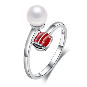 Hot sale ladybug shape women 925 sterling silver fashion natural freshwater pearl ladybird open rings