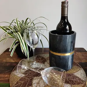 Handcrafted wine and champagne wine cooler Black Marble Wine Chiller with pure brass inlay