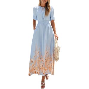FOXA Women's Boho Floral Maxi Dress Short Sleeve <b>Tie</b> Neck Elastic Waist A-Line Flowy Beach Summer Casual Dress - Product Image 1