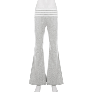 Korean Style Stripe Color Block Lace Patchwork Straight Slim Fold Over Flared Casual <b>Sweatpants</b> for <b>Women</b> - Product Image 6