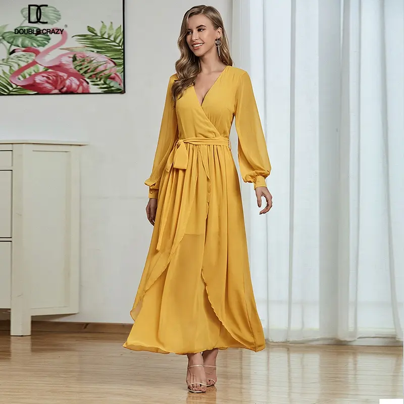 Weixin Women Clothing Fashion Yellow Dresses Women Lady Elegant Knotted Belt Ruched Detail Casual Maxi Dress