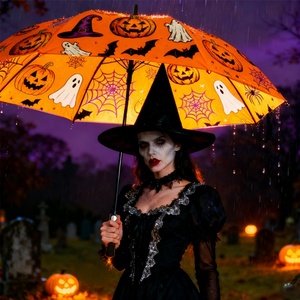 Halloween Windproof Black Fiberglass Golf <b>Umbrella</b> Long Straight Handle 130cm Open Diameter Jack O Lantern Bat Spider Web Design - Product Image 2