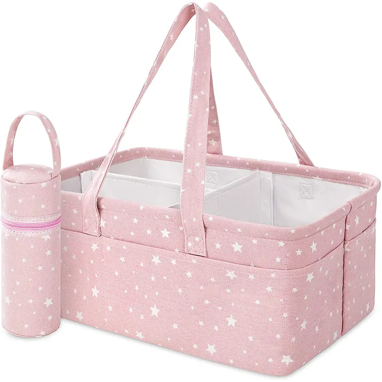 White pink mother care organizer eco-friendly canvas fabric baby diaper caddy nappy bag