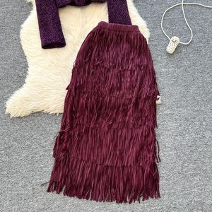 Traje de invierno que combina con todo para mujer, chaqueta de Tweed con patrón sólido informal, Chaqueta corta de manga larga, falda con borlas de cintura alta - Product Image 3