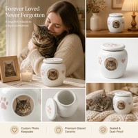 Urna Funeraria de Cerámica Personalizada con Foto, Urna de Porcelana Moderna y Lujosa para Mascotas, Urna con Huella de Pata y Corazón en Relieve, Recuerdo Conmemorativo para Cenizas de Cremación