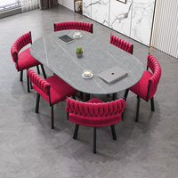 Ensemble de table à manger moderne en pierre frittée pour 6 personnes avec chaises rembourrées en rotin jaune - Meubles de salle à manger écologiques et durables pour la maison